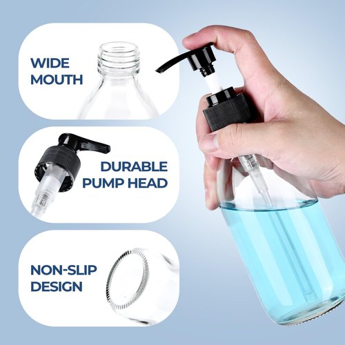 Homepicker Small 10 oz Clear Glass Soap Dispenser with Pump, Glass Pump Bottle for Lotion Body Oil, 300ml Hand and Dish Soap Dispensers Set with Storage Caps, Labels - 2 Pack