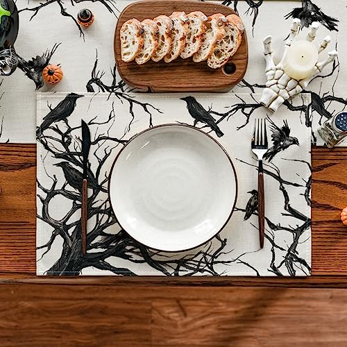 Tree Crows Halloween Placemats Set of 4 - 12x18 Inch Fall Table Decor Beige & Black