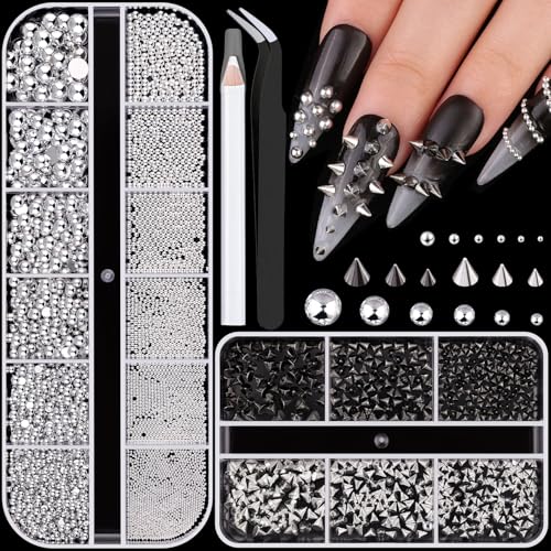 Punk Nail Charms Kit 1 Silver & Black - 3D Gothic Nail Studs & Pearls, Nail Art Accessories