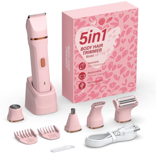 HOHOLE 5-in-1 Bikini Trimmer for Women, IPX7 Waterproof Electric Razors Shaver, Cordless Body Hair Trimmer, Facial & Pubic Hair Removal, Ceramic Blade (Pink)