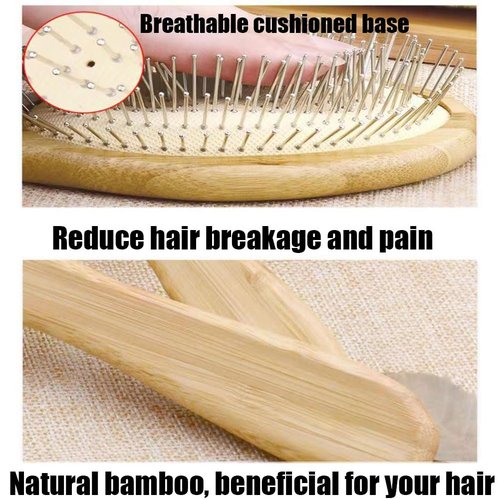 Skiennix Wooden Paddle Detangling Brush - Anti-Frizz Metal Bristle Hairbrush for All Hair Types