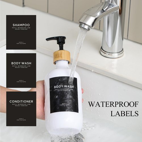 Shampoo and Conditioner Dispenser,16.9oz Set of 3 Plastic Refillable Shower Shampoo Dispenser with Bamboo Tray, Reusable Pump Bottles with Labels for Bathroom Décor (White+Bamboo Tray)
