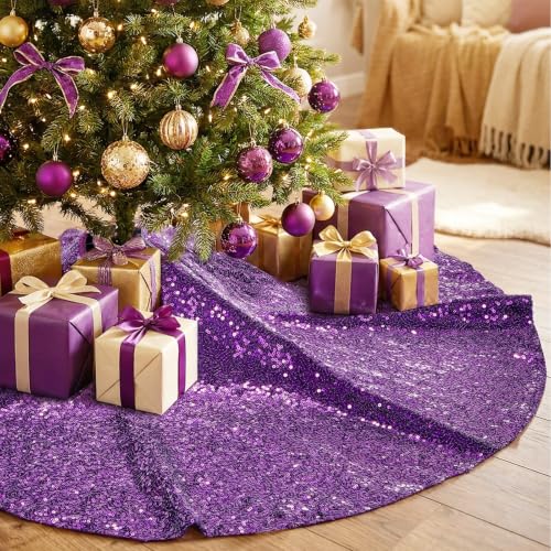 Purple Sequin Christmas Tree Skirt 48 Inch Luxury Holiday Decor - QueenDream