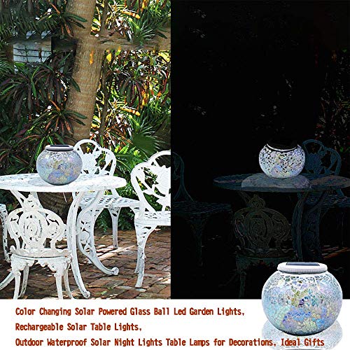 Solar Powered Color Changing Mosaic Glass Table Lamp Waterproof Night Light - White, Crackle Glass