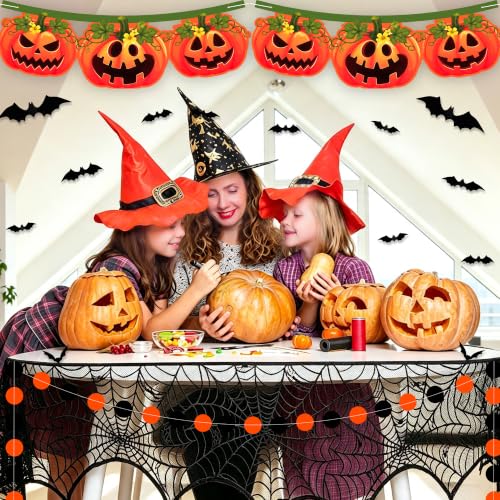 Halloween Pumpkin Banner & Spider Web Mantel Decor Set