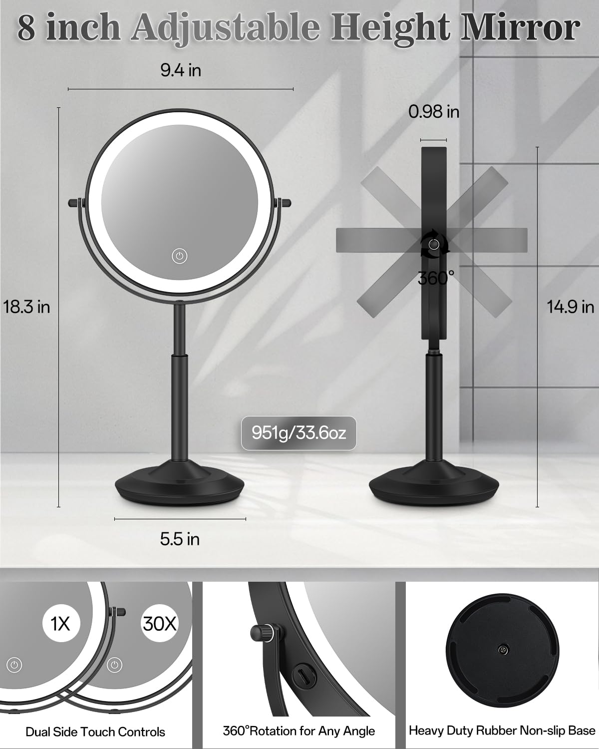 vpu Makeup Mirror with Lights, 1X/30X Lighted Magnifying Mirror Height Adjustable, 3000mAh Rechargeable Double Sided Vanity Mirrors with 3 LED Lighting and Adjustable Brightness for Desk Women Gift