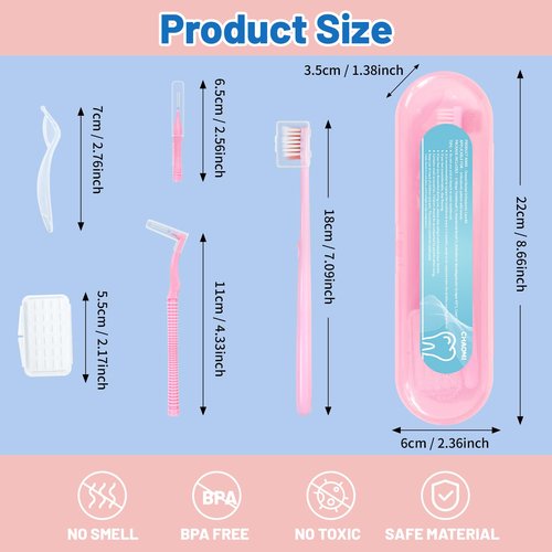 CHAOMI Orthodontic Care Travel Kit | V-Shape Toothbrush with Soft Bristles, Interdental Brushes, Orthodontic Wax, and Breathable Case | Portable Dental Kit for Braces and Aligners(PINK)