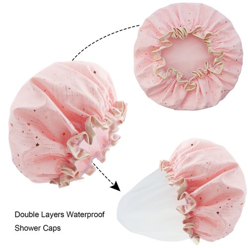 TCOTBE 4 Pieces Shower Caps for Women, Double layer shower cap, Elastic Reusable Bathing Hair Cap Environmental Protection Hair Bath Caps,PEVA Adult Bathing Cap Bath Hair Cover