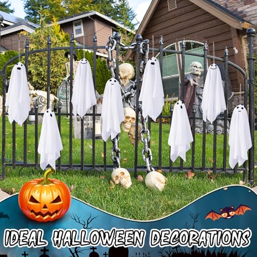 Halloween Hanging Ghost Decorations Set - 12 White Cloth Ghosts for Indoor Outdoor Spooky Decor