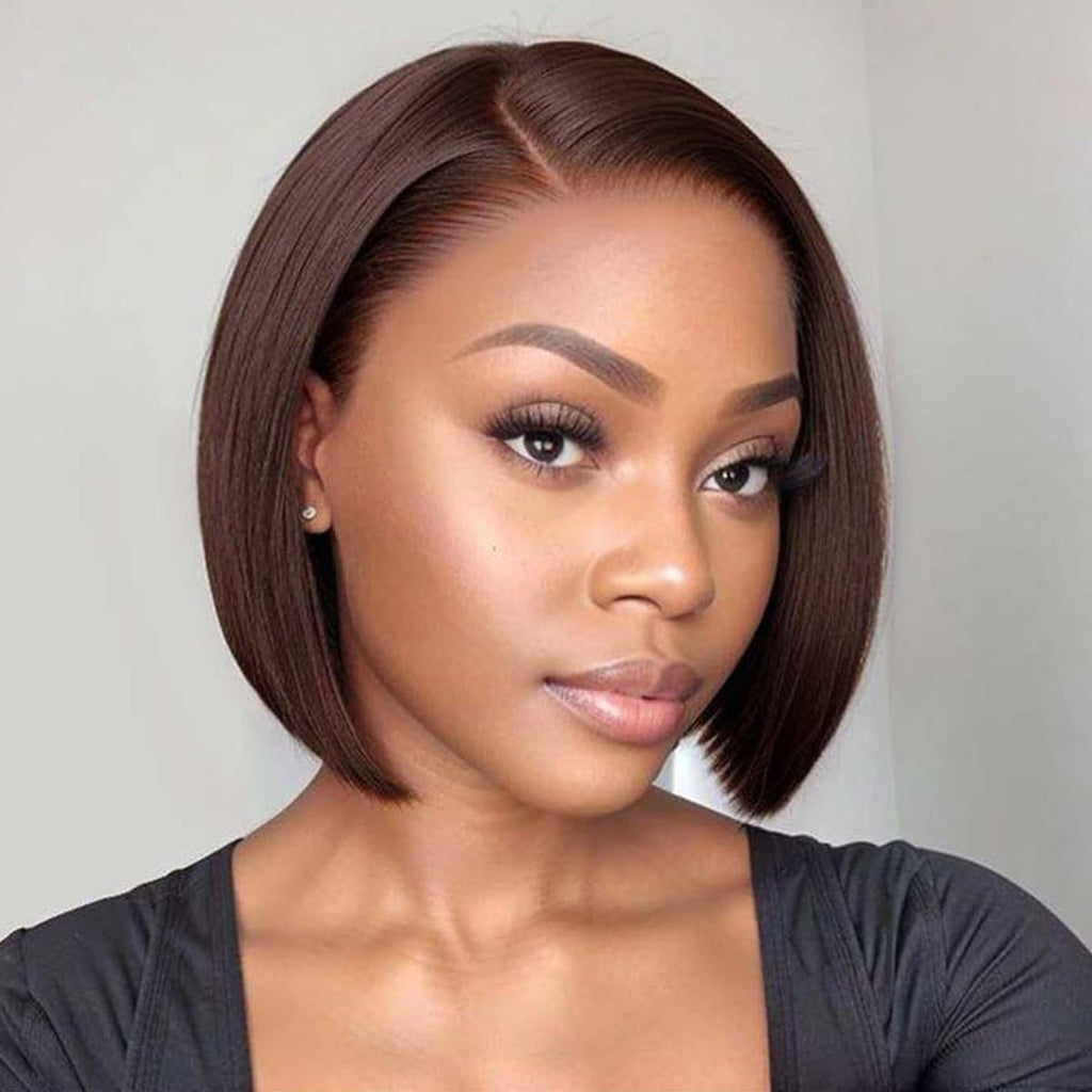 YOUFA Mocha Brown Lace Front Human Hair Wigs Pre Plucked 13x4 Transparent Swiss Lace Frontal Short Bob Wigs Blunt Cut Bob Style Bone Straight Human Hair Wigs (Chocolate Brown, 8 inch)