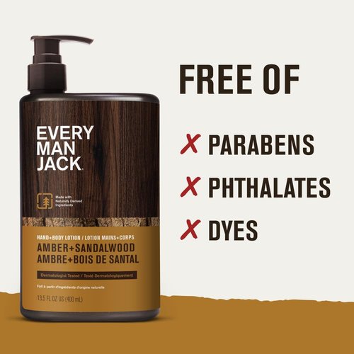 Every Man Jack Mens Amber + Sandalwood Hand & Body Lotion for All Skin Types - Dermatologist Tested & Hypoallergenic - Nourish Skin with Lightweight Fast Absorbing Lotion - 13.5oz 2 Bottles