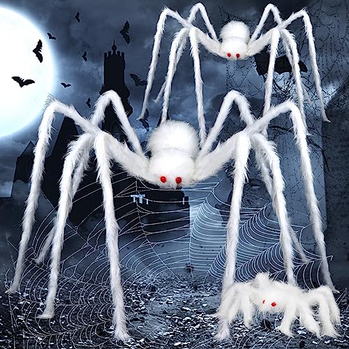 Large White Halloween Hairy Spider Prop - Scary Indoor Outdoor Decor Set of 3