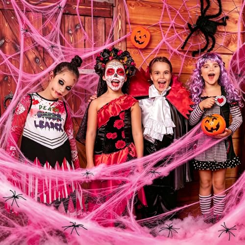 Pink Halloween Spider Web Decor with 60 Fake Spiders - 1000 Sq Ft Indoor Outdoor