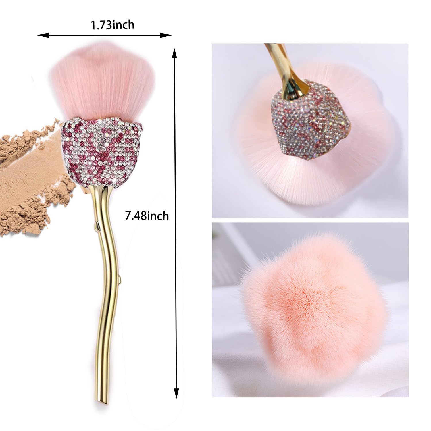 Wokoto 1pcs Rose Nail Dust Brushes Embedded Pink And White Rhinestones For Acrylic Nails Powder Remover Trimming Cleaning Tools Loose Face Cosmetics Blending Foundation Powder Make Up Brushes