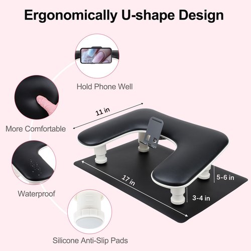 Arm Rest for Nails Tech with Nail Table Mat and Phone Holder,Adjustable Base U-shaped Manicure Nail Hand Rest Stand Pillow Cushion(Black)