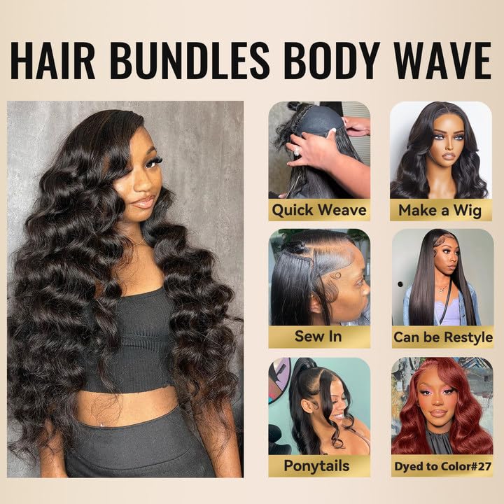WEQUEEN Bundles Human Hair Body Wave 16A Brazilian Virgin Hair Bundles, Silky and Soft, 16 Inch Thick Weave Natural Black