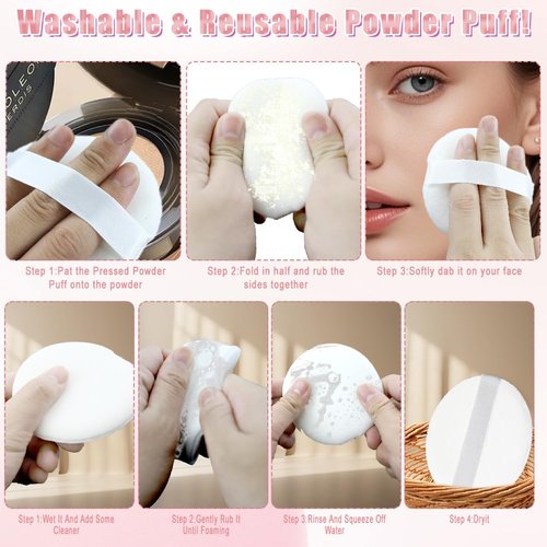 Baby Powder Puff and Container Set, Dusting Powder Container with 4 Pcs Puff, Suitable for Face Body Wet Dry Makeup Soft Washable Reusable Valentine's Day Gift