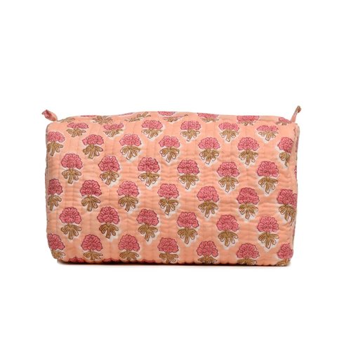 Cotton Hand Block Floral Print Toiletry Bag For Women Make Up Cosmetic Bag Jewelry Organizer Kit Storage Bag Case Travel Accessories Essentials Toiletries Purse Open Pouch, Orange (9.25"x 6.88"x 4.5")