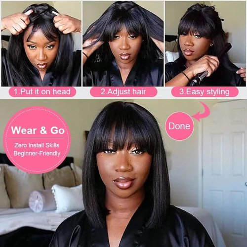 Tryfey Bob Wig Human Hair Glueless Bob Wig with Bangs Human Hair Straight 3x1 Transparent Lace Closure Bob Wigs for Black Women Natural Black 12 Inch