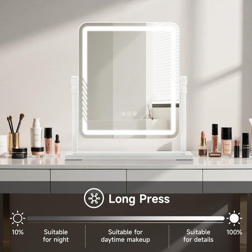 Kcavvi Vanity Mirror with Lights, Height-Adjustable & 360° Rotation, 1/10X Magnification, Three Color Lighting Modes, Makeup Mirror Smart Touch Control, Large Vanity Desk Mirror (17.5in,White)