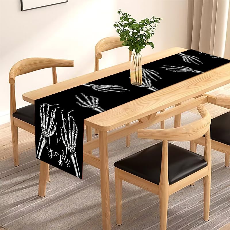 Halloween Skeleton Hand Table Runner 13x72 Inch - Black Decor for Dining