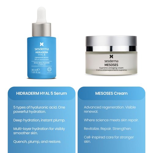 Sesderma Revitalizing Pack - Hydradrerm Hyal 5 Serum & Mesoses Cream | Hydrating Duo with 5 Types of Hyaluronic Acid, Niacinamide & Amino Acids for Brighter Skin
