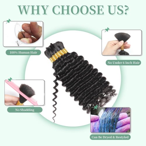Human Braiding Hair for Boho Braids 150g 6 Bundles/Pack 16 Inch Deep Wave Bundles Human Hair Boho Braiding Hair Curly Boho Hair for Braiding Deep Wave Bulk Human Hair for Braiding Natural color
