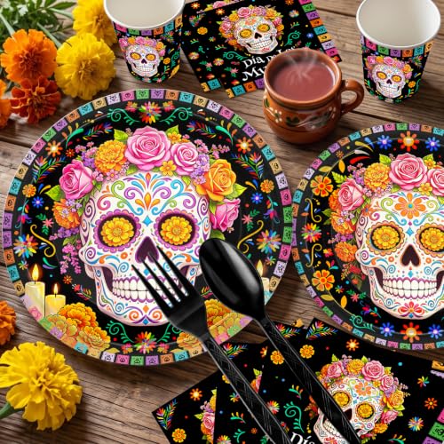Dia De Los Muertos Party Plates and Napkins Set - 168pcs Celebration Decor