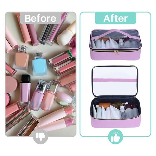 LANDFOBO Clear Travel Makeup Bag Small Portable Cosmetic Toiletry Case with Zipper Organize Travel Samples, Cosmetics, Skincare Products, etc,(Pink)