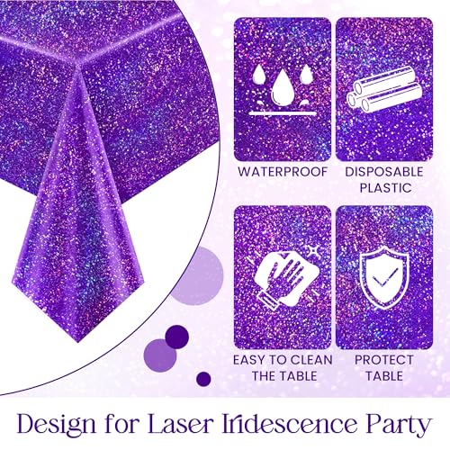 Purple Holographic Tablecloths - 8 Pack 40x108 Inch Iridescent Disposable Rectangular Covers for Parties