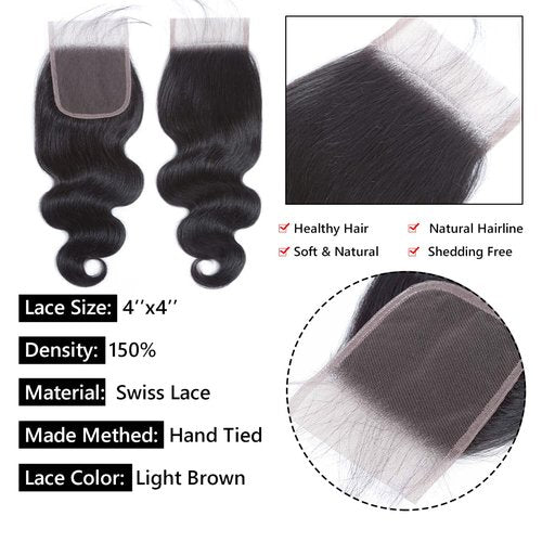 4x4 Lace Closure Body Wave Human Hair Transparent Lace Closure Human Hair 100% Unprocessed Brazilian Virgin 150% Density Body Wave Natural Black 20Inch