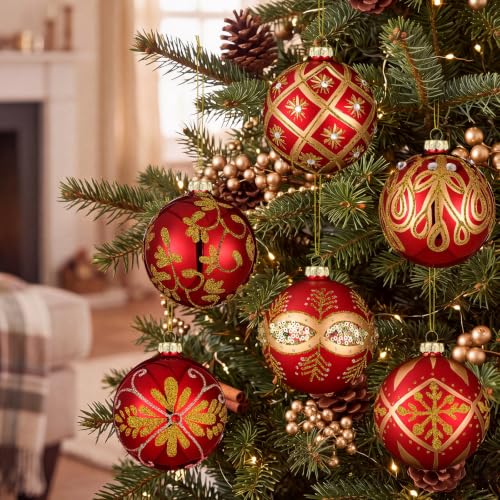 Luxury Glass Christmas Ornaments Set - Red & Gold, 2.36 Inch, 12 Pieces
