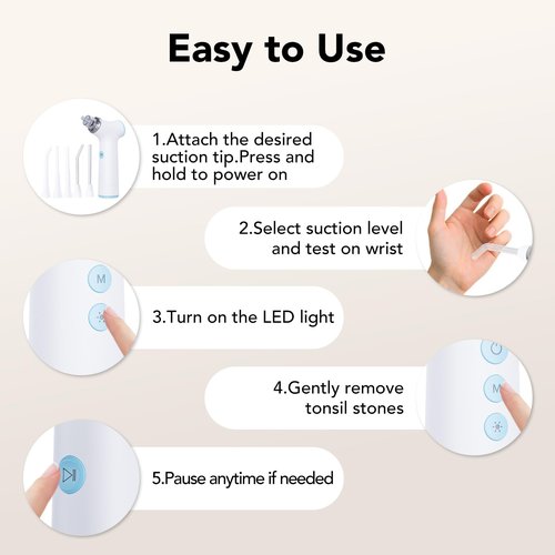 Electric Tonsil Stone Remover Vacuum – 8 Suction Levels with LED Light, Safety Pause Button & Oral Protection | High-Precision Tonsil Stone Removal Kit with 13 Attachments for Painless Cleaning