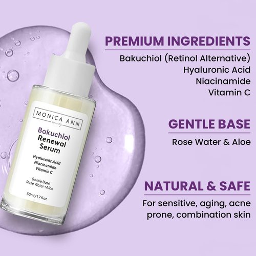 Monica Ann Beauty Bakuchiol Serum – Retinol Alternative with Hyaluronic Acid, Niacinamide & Vitamin C – Anti-Aging, Brightening, Hydrating Face Serum for Fine Lines & Wrinkles (1.7 fl oz)