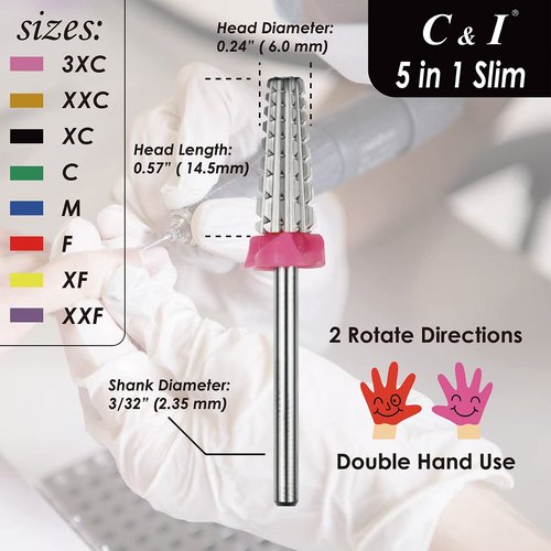 C & I 5 in 1 Nail Drill Bit, Slim Edition, Professional Manicure Drills for Electric Nail Drill Machine (Double Fine -XXF)