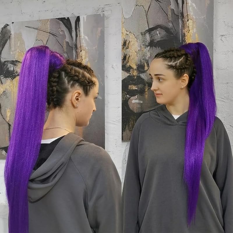 2 Pack 26 Inch Purple Ponytail Extensions with Elastic Tie for Women - Hot Water Shaping