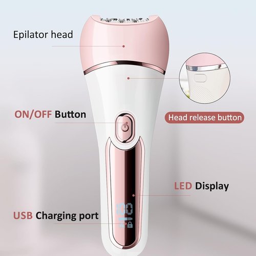 Skiennix 6-in-1 Hair Removal Epilator - Waterproof Rechargeable Shaver & Facial Brush (Pink)
