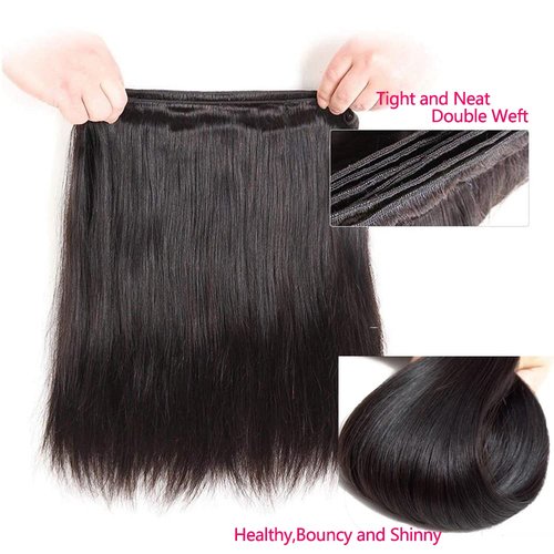 Straight Bundles Human Hair 10 12 14 Inch Human Hair Bundles Raw Thick Straight Hair 12A 100% Unprocessed Brazilian Virgin Hair Extension Double Weft Weave Natural Black, Keep Texture Silky Soft
