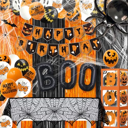Halloween Birthday Party Decorations Set with Banner Balloons & Webs