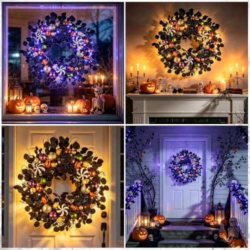 30-Inch Halloween Wreath with Timer - Spider, Skull, Ornaments, Black Green Orange Variation