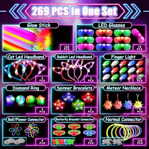 269PCS Glow in the Dark Party Supplies Kit for Kids & Adults - Neon Party Favors