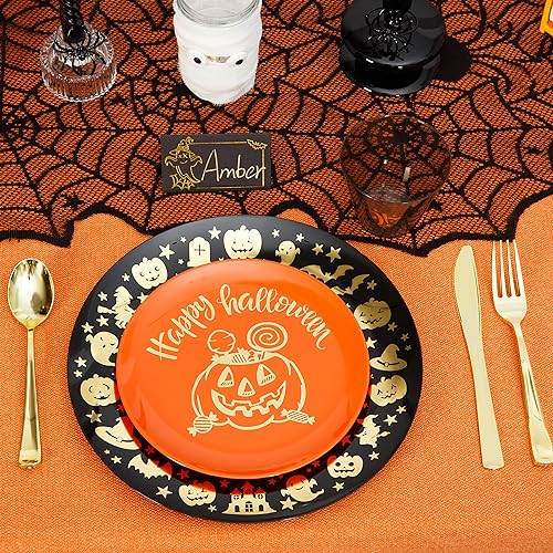 Halloween 2 Plastic Plates Set for 30 Guests - Black Gold Ghost & Orange Pumpkin