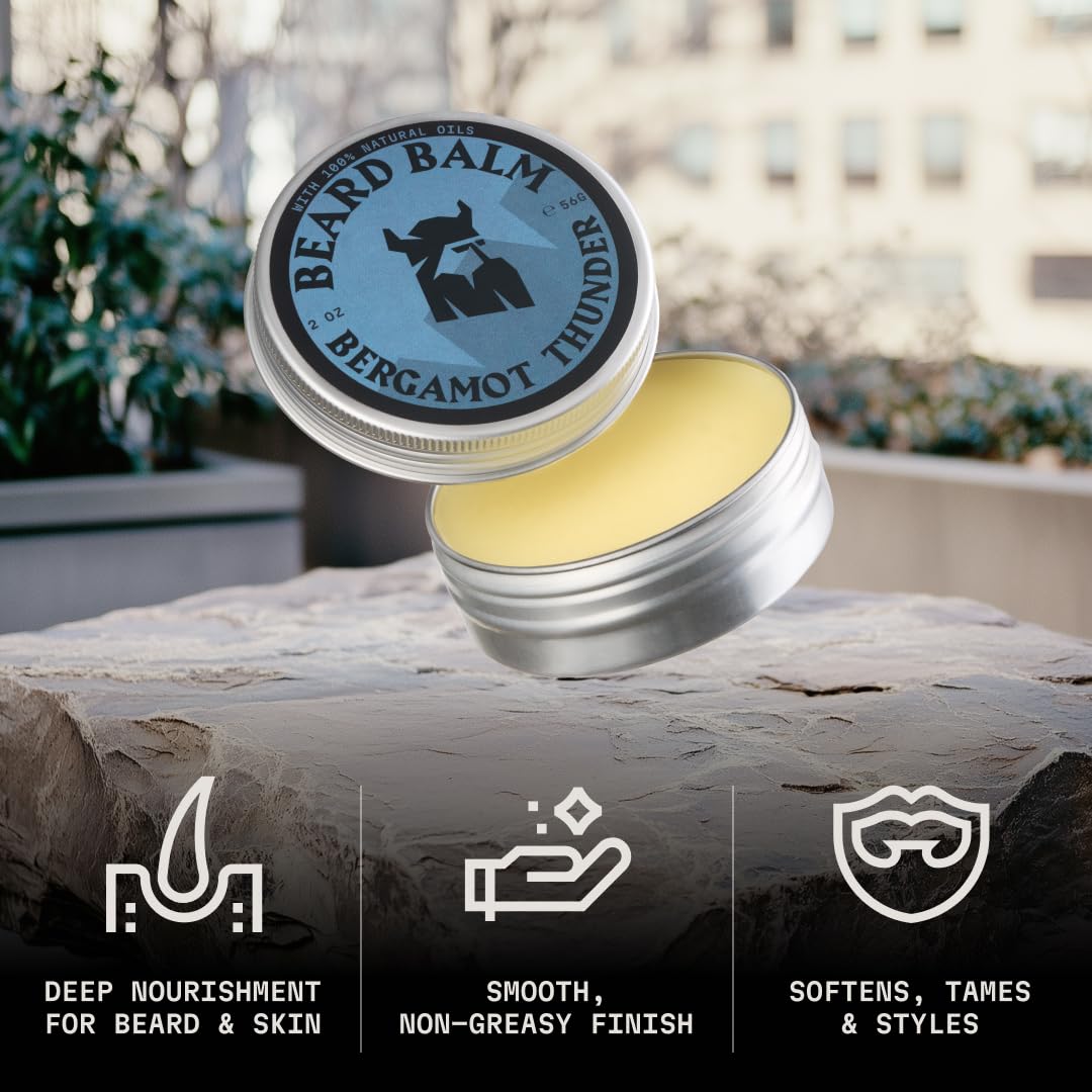Viking Beard Balm for Men - Leave-In Conditioner & Styling Balm with Argan & Jojoba Oils | 2 Oz, Bergamot Thunder