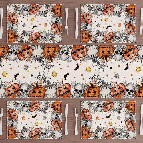 Halloween Skeleton Ghost Placemats Set of 4 12x18 Inch Table Decor - Spooky Dining Table Accessories