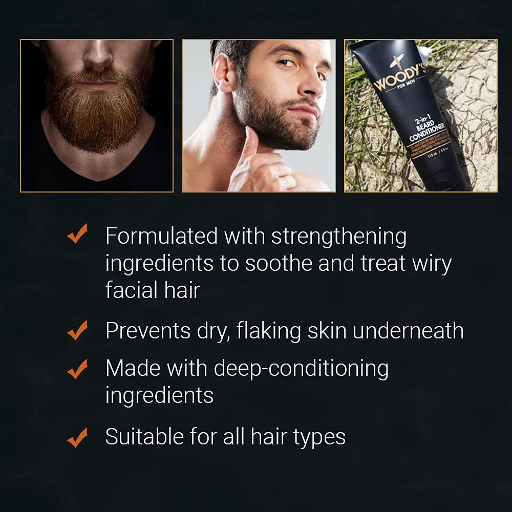 Woody's 2-in-1 Men Beard Conditioner, Beard Wash, Moisturize, Softens & Conditions Dry Flaky Beards, Enriched With Botanical Extracts and Essential Oils - 4 Fl Oz, 2 Pack