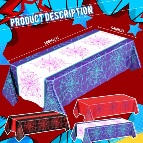 Spider Tablecloth Set - 3 Pack Halloween & Birthday Party Decor - Web Design, Purple, Black, Red