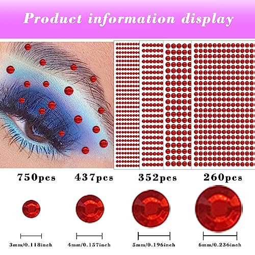 Self-Adhesive Rhinestone Face Gems Set - Red 3/4/5/6mm, 1799 Pcs, Makeup & Body Decoration - Variation 01.a-Red-3/4/5/6mm