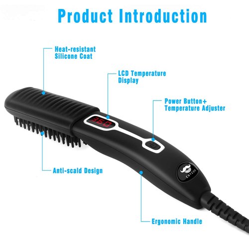 Cayzor Beard Straightener Comb for Men - Upgraded Professional Electric Mens Beard Straightening Heated Brush Portable Anti-Scald 5 Adjustable Temperatures & LCD Display with Carrying Bag