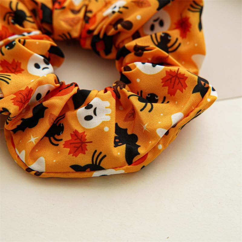 Halloween Spooky Ghost Pumpkin Bat Print Satin Hair Scrunchies - Set of 4 B