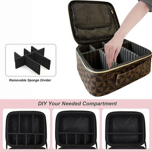 Makeup Bag Organizer – Portable Travel Cosmetic Case with Brush Storage | Large Makeup Train Case for Women | Hard Shell Makeup Suitcase | Vanity & Countertop Organizer (H-Brown)